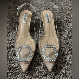 Steve Madden Clear and Beige Kitten Heels with Rhinestones